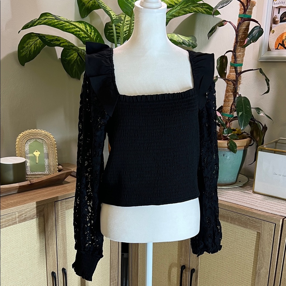 Express Black Lace Sleeve Smocked Top